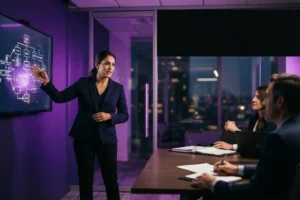 Consultora de RH apresentando um diagnóstico de estrutura para gestores em sala de reunião.