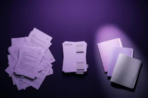 Três conjuntos de documentos representando as opções de job board, RH interno e headhunter para contratar liderança.