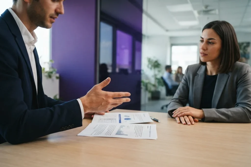 Reunião de negócios discutindo o investimento em contratar um headhunter
