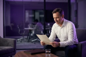Executivo revisando anotações antes de uma entrevista para cargo de diretoria.
