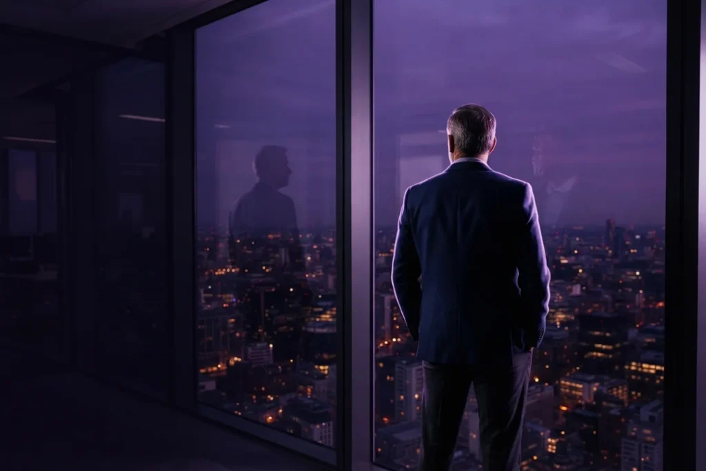 Executivo observando a cidade do alto de um edifício, representando as mudanças do mercado executivo em 2026.