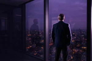 Executivo observando a cidade do alto de um edifício, representando as mudanças do mercado executivo em 2026.